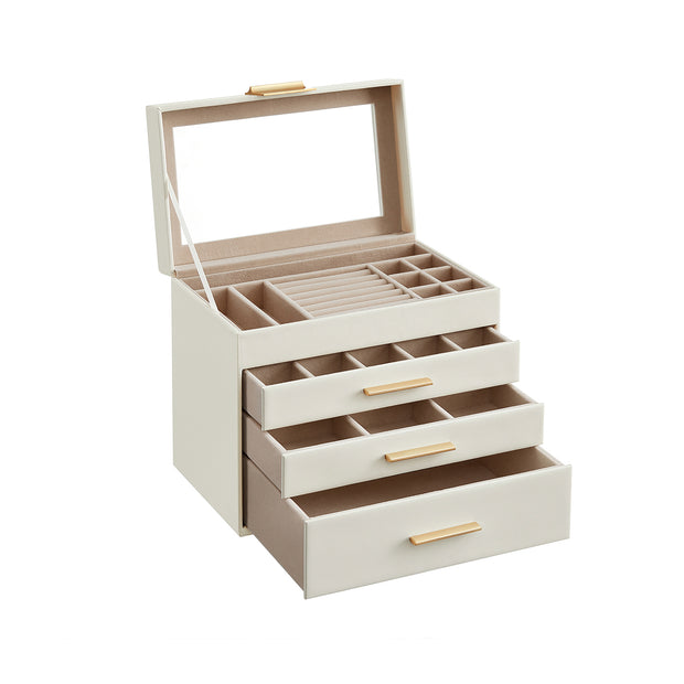 Jewellery Box – Glass – Grey and Gold – 4-Tier Organiser with 3 Drawers