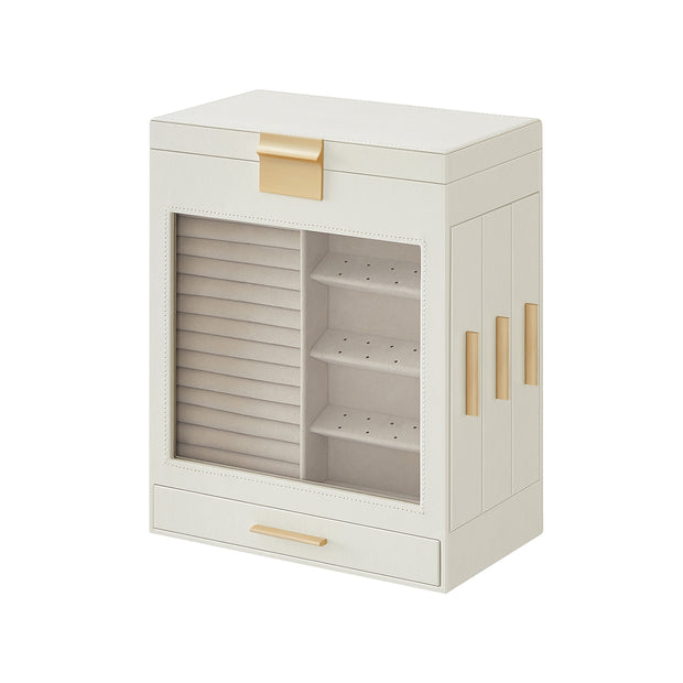 Jewellery Box – Glass – Cloud White – 5-Layer Organiser with 3 Side Drawers and Big Mirror