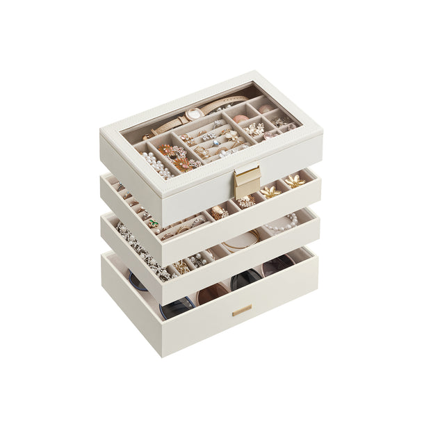 5-Tier Stackable Jewellery Box – Wood – White – Clear Glass Lid