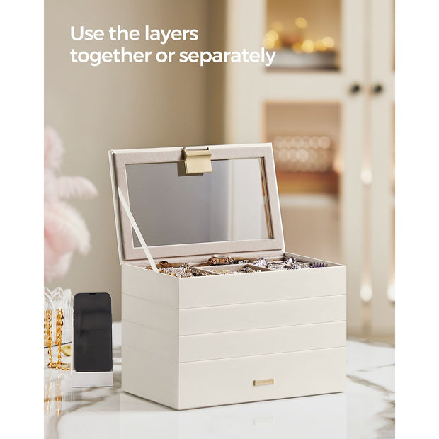 5-Tier Stackable Jewellery Box – Wood – White – Clear Glass Lid