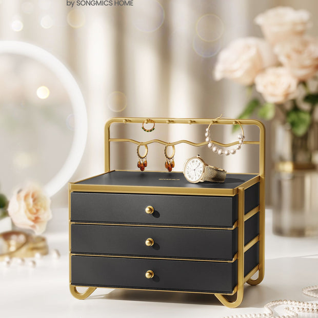 3-Tier Jewellery Box – Metal – Ink Black – Organiser with Open Storage and Hanging Rack