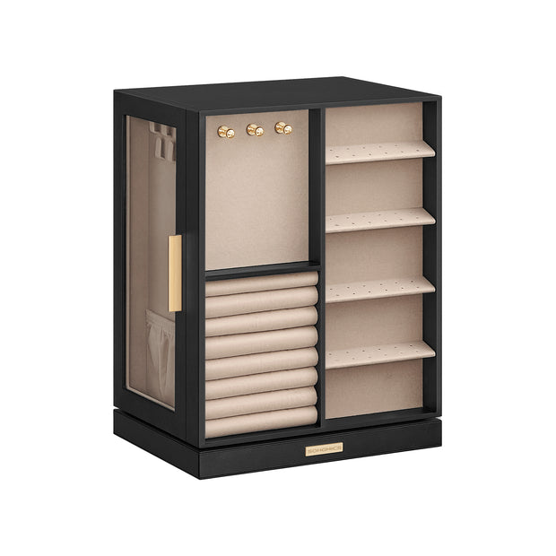 Jewellery Box – Wood – Black – 360° Rotating with Glass Window and 5 Drawers