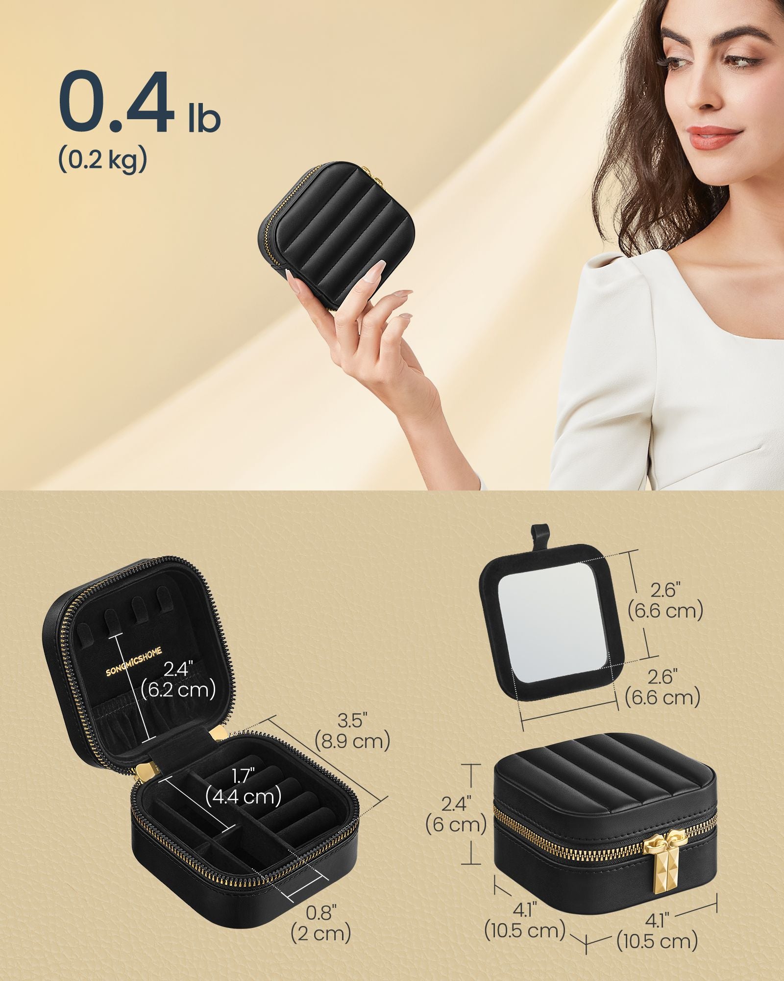 Travel Jewellery Box – PU – Cloud White – Portable with Mirror and Zippers