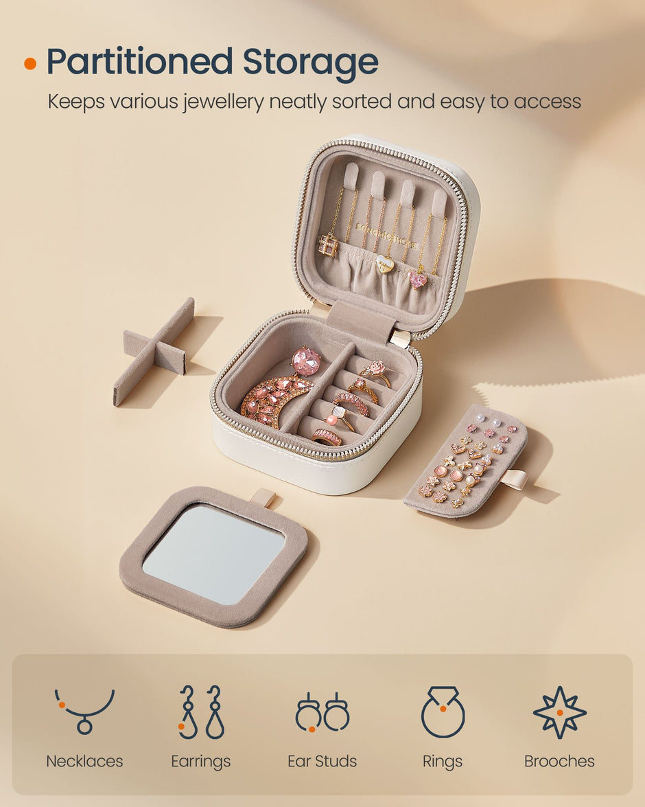 Travel Jewellery Box – PU – Cloud White – Portable with Mirror and Zippers