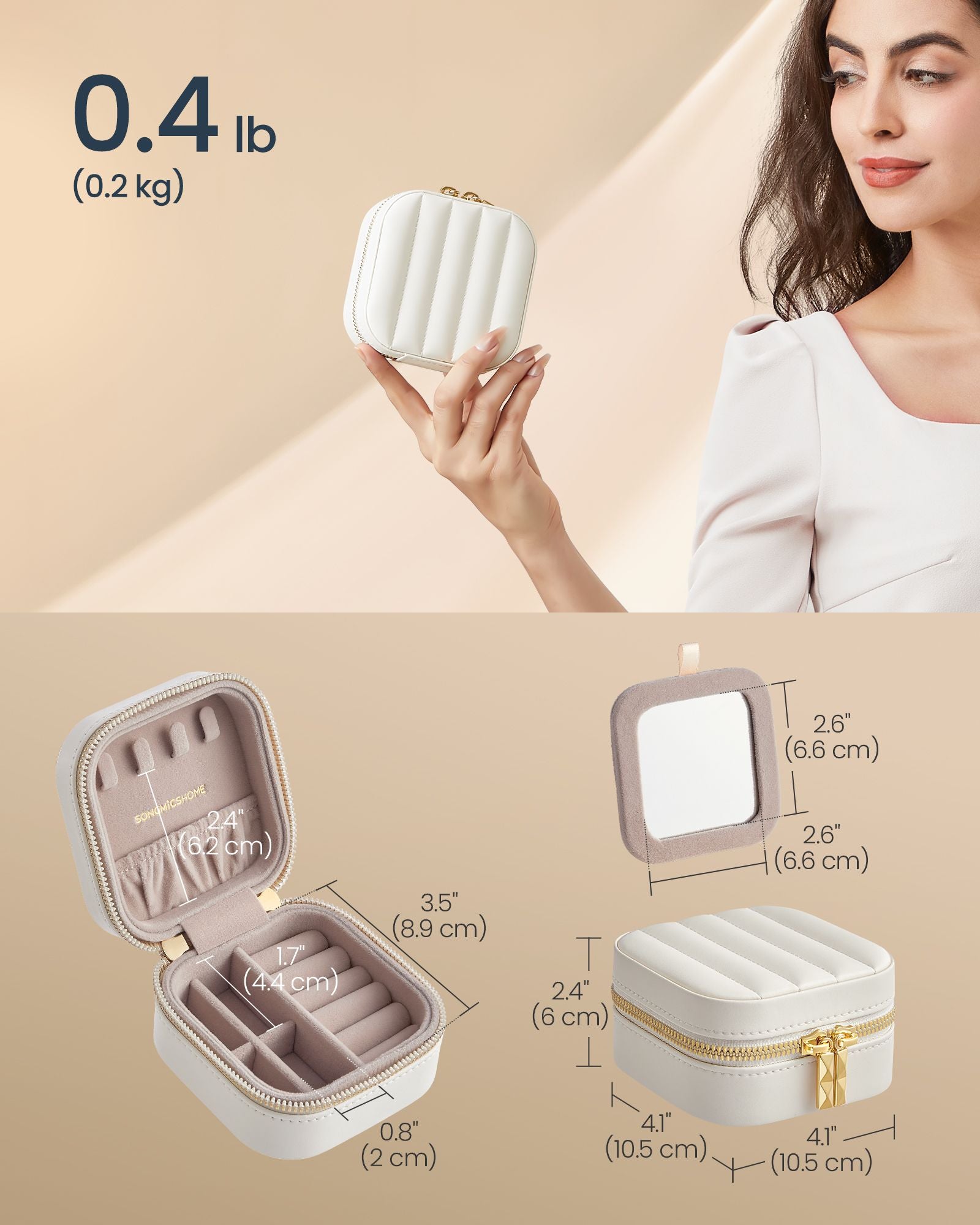 Travel Jewellery Box – PU – Cloud White – Portable with Mirror and Zippers