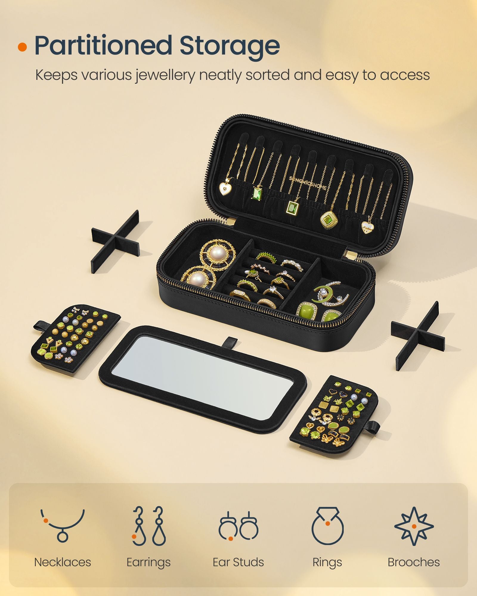 Jewellery Case – PU – Cloud White – Portable with Mirror and Zippers