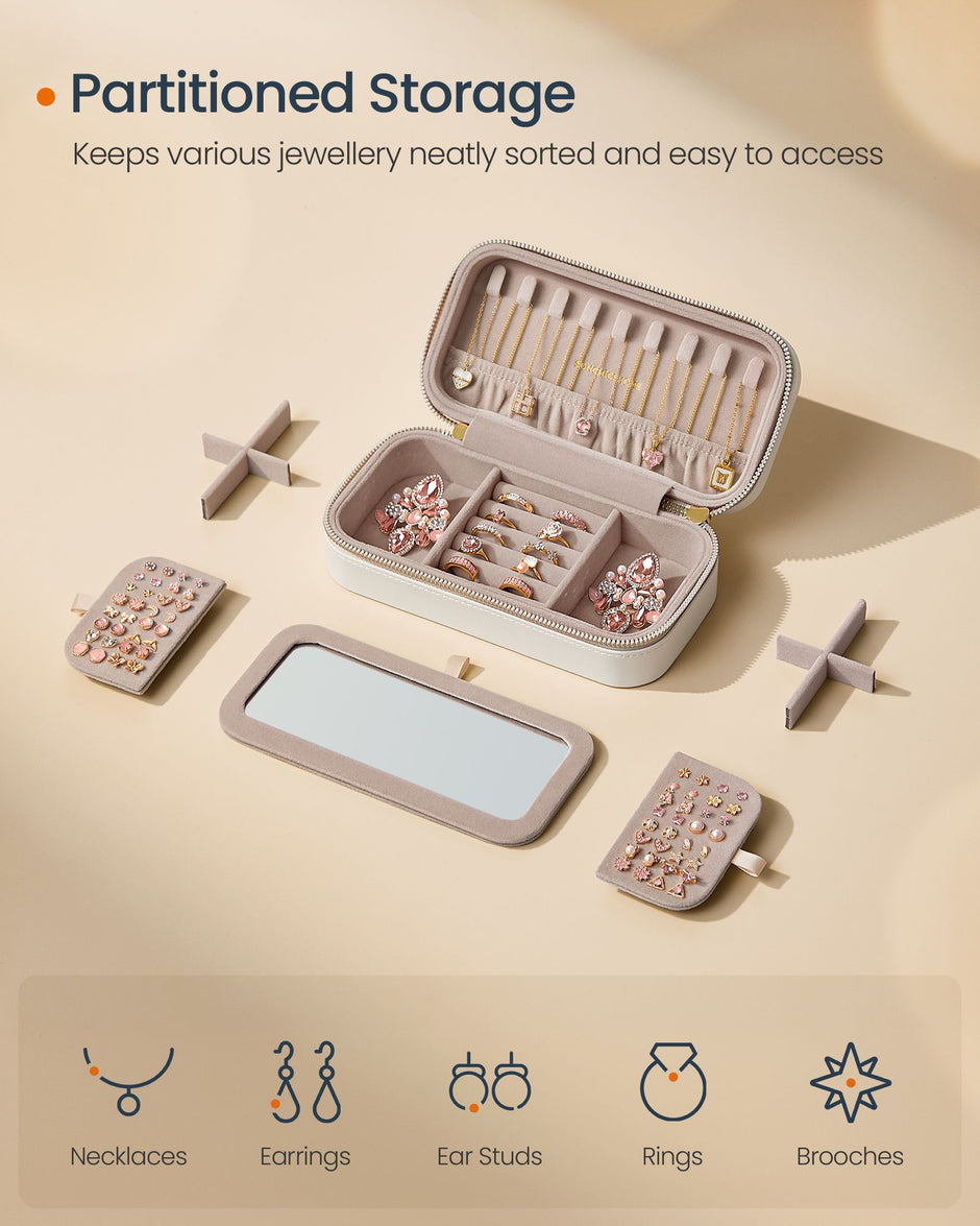 Jewellery Case – PU – Cloud White – Portable with Mirror and Zippers