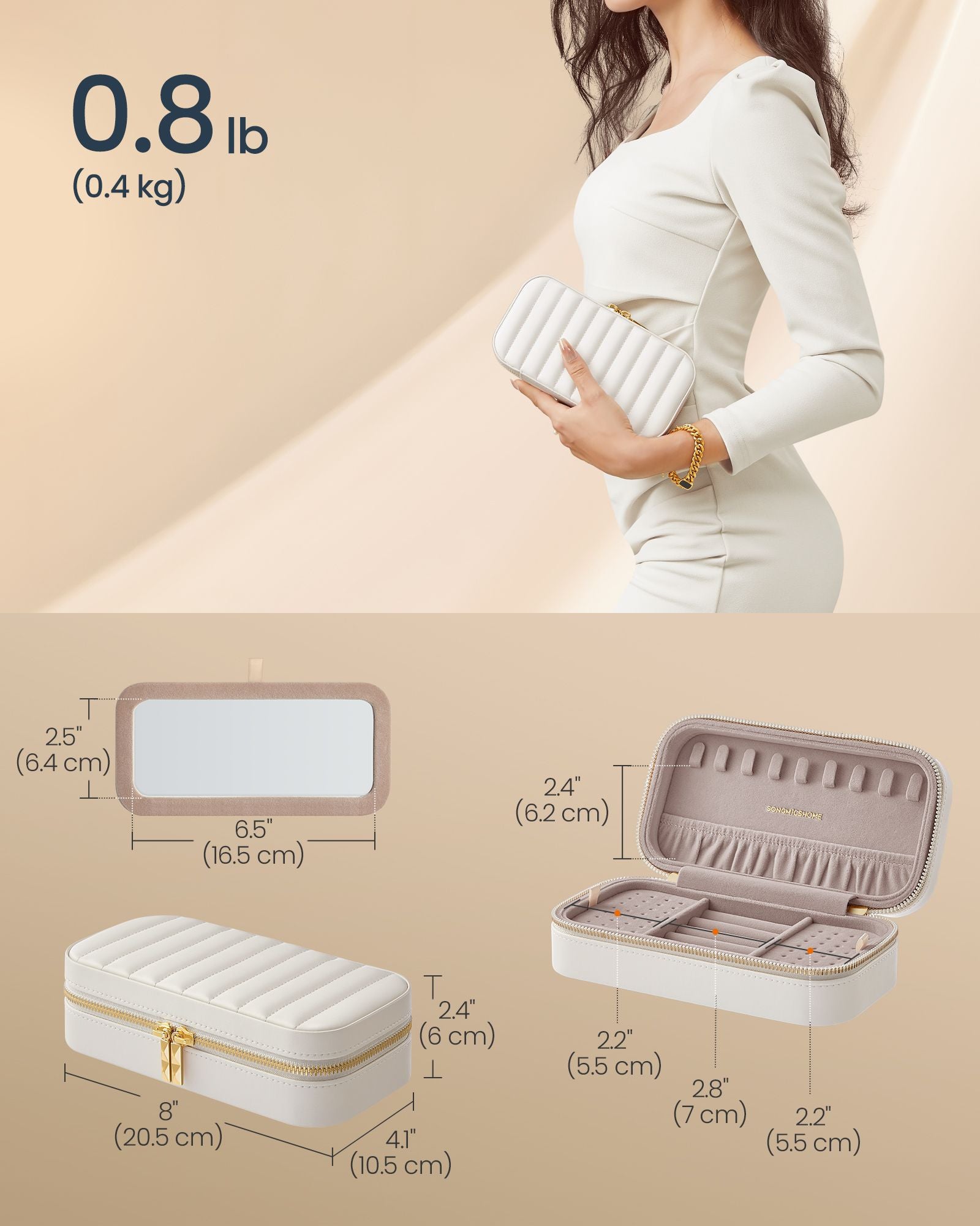 Jewellery Case – PU – Cloud White – Portable with Mirror and Zippers