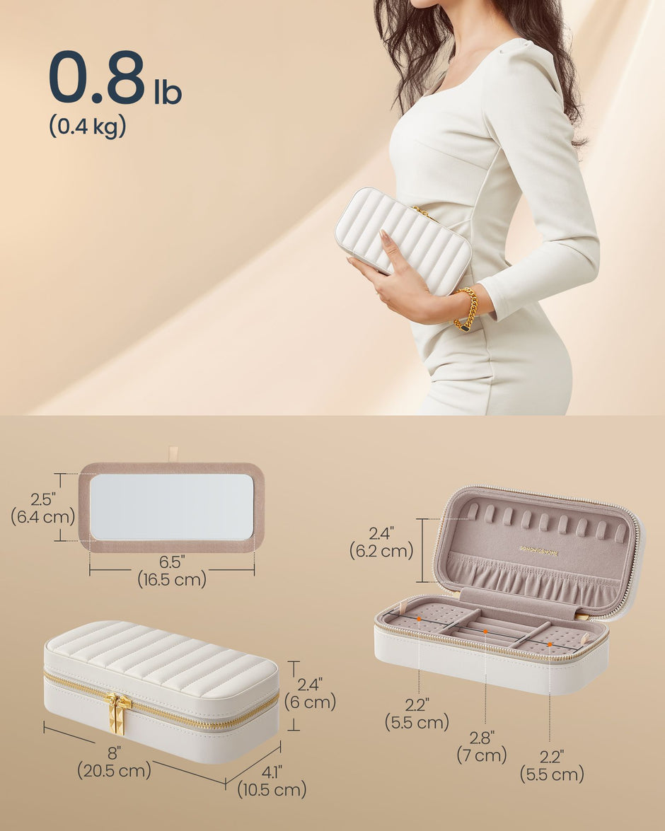 Jewellery Case – PU – Cloud White – Portable with Mirror and Zippers