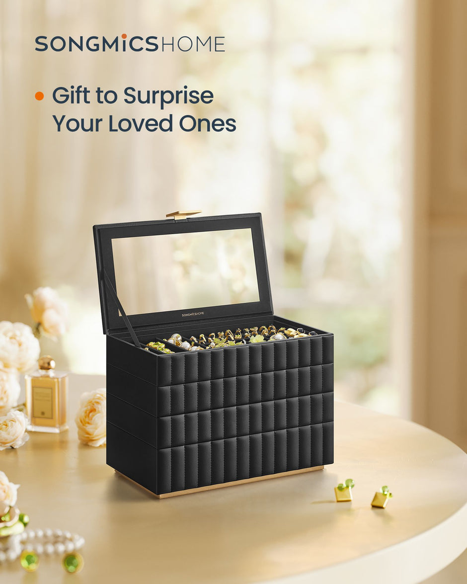 Stackable Jewellery Box – PU – Ink Black – 4-Tier with Mirror