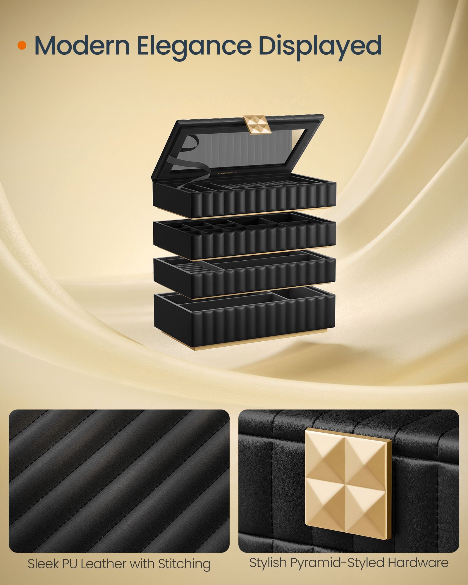 Stackable Jewellery Box – PU – Ink Black – 4-Tier with Mirror