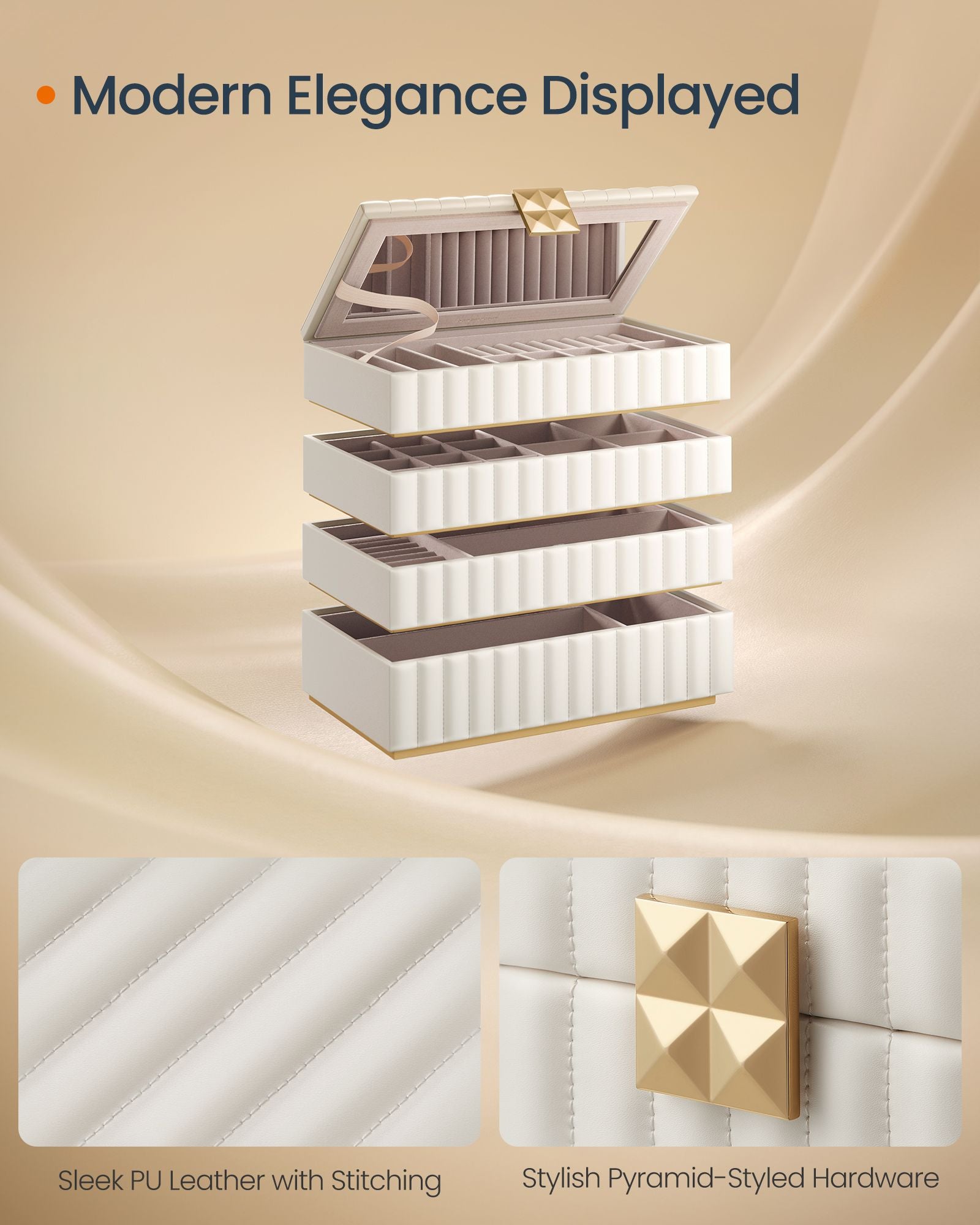 Stackable Jewellery Box – PU – Ink Black – 4-Tier with Mirror