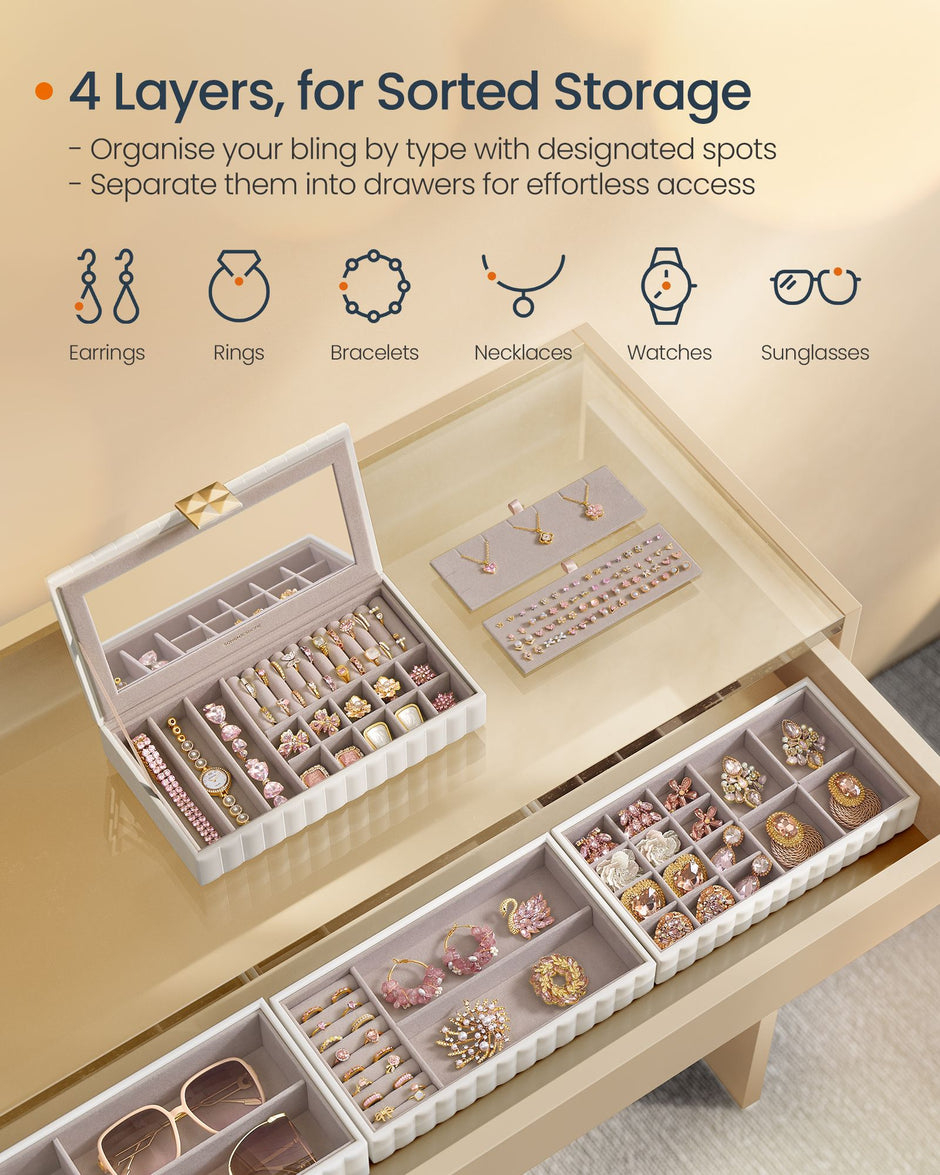 Stackable Jewellery Box – PU – Ink Black – 4-Tier with Mirror