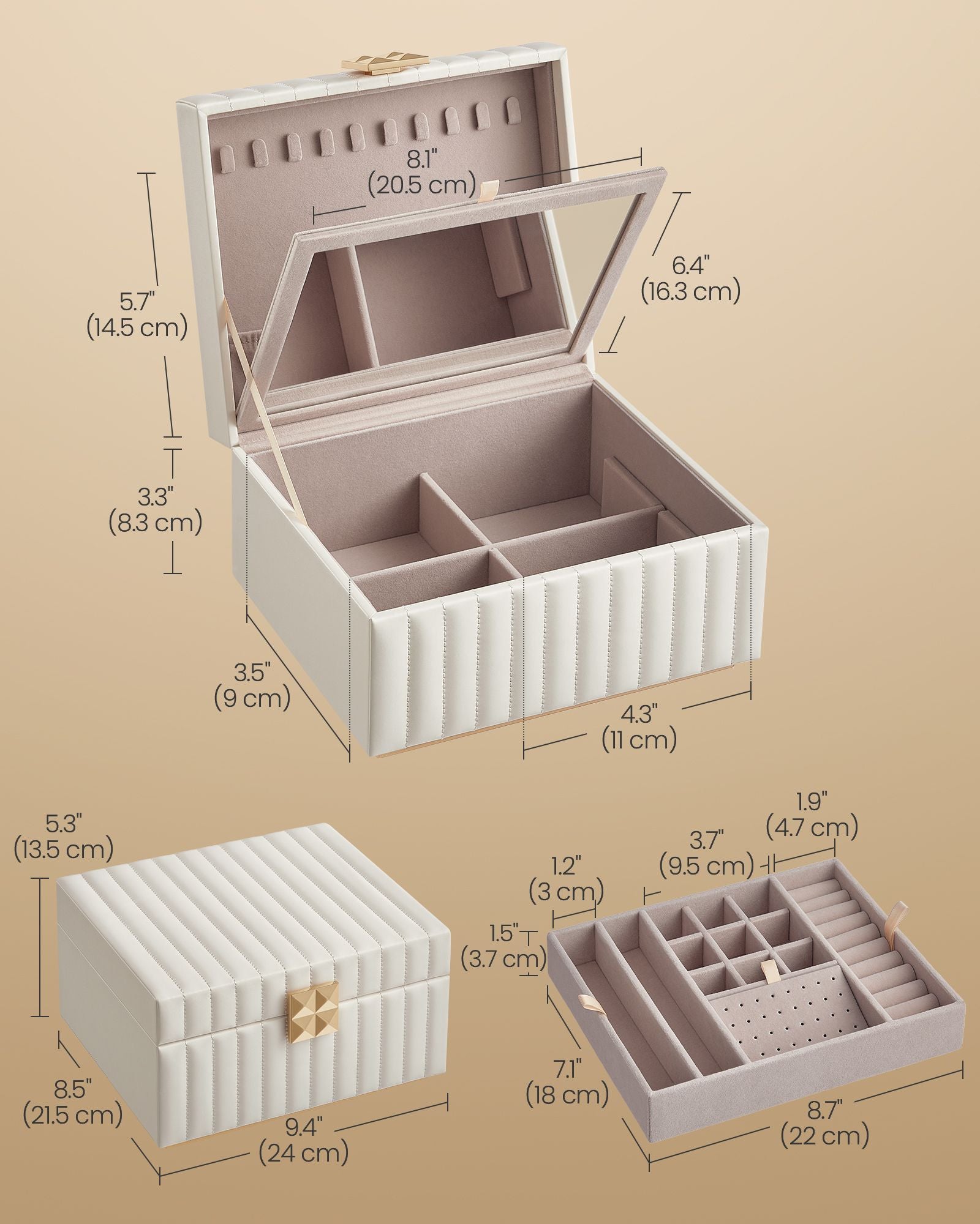 Jewellery Box – PU – Ink Black – 2-Tier with Mirror and Removable Tray