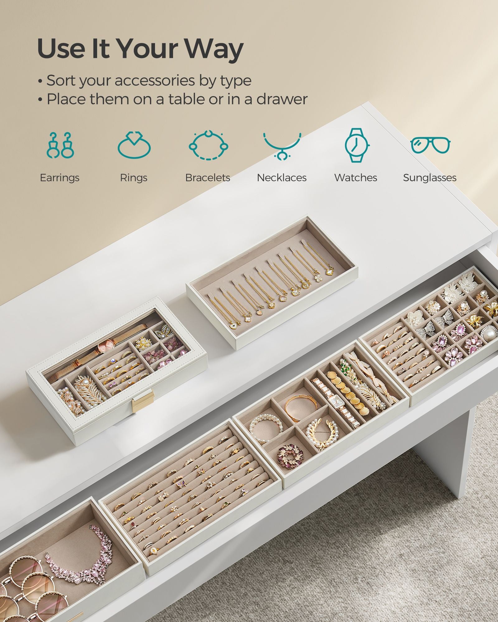 Jewellery Tray – Glass – Cloud White – 6-Tier Stackable Design