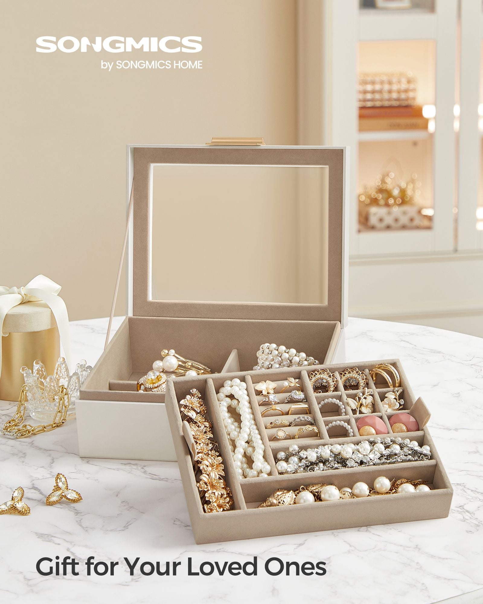Jewellery Organiser – Wood and Glass – Cloud White – 2-Layer with Removable Tray