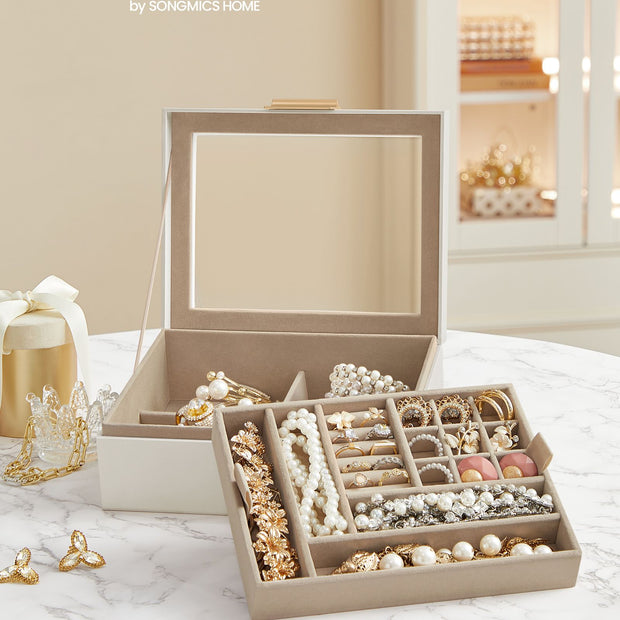 Jewellery Organiser – Wood and Glass – Cloud White – 2-Layer with Removable Tray