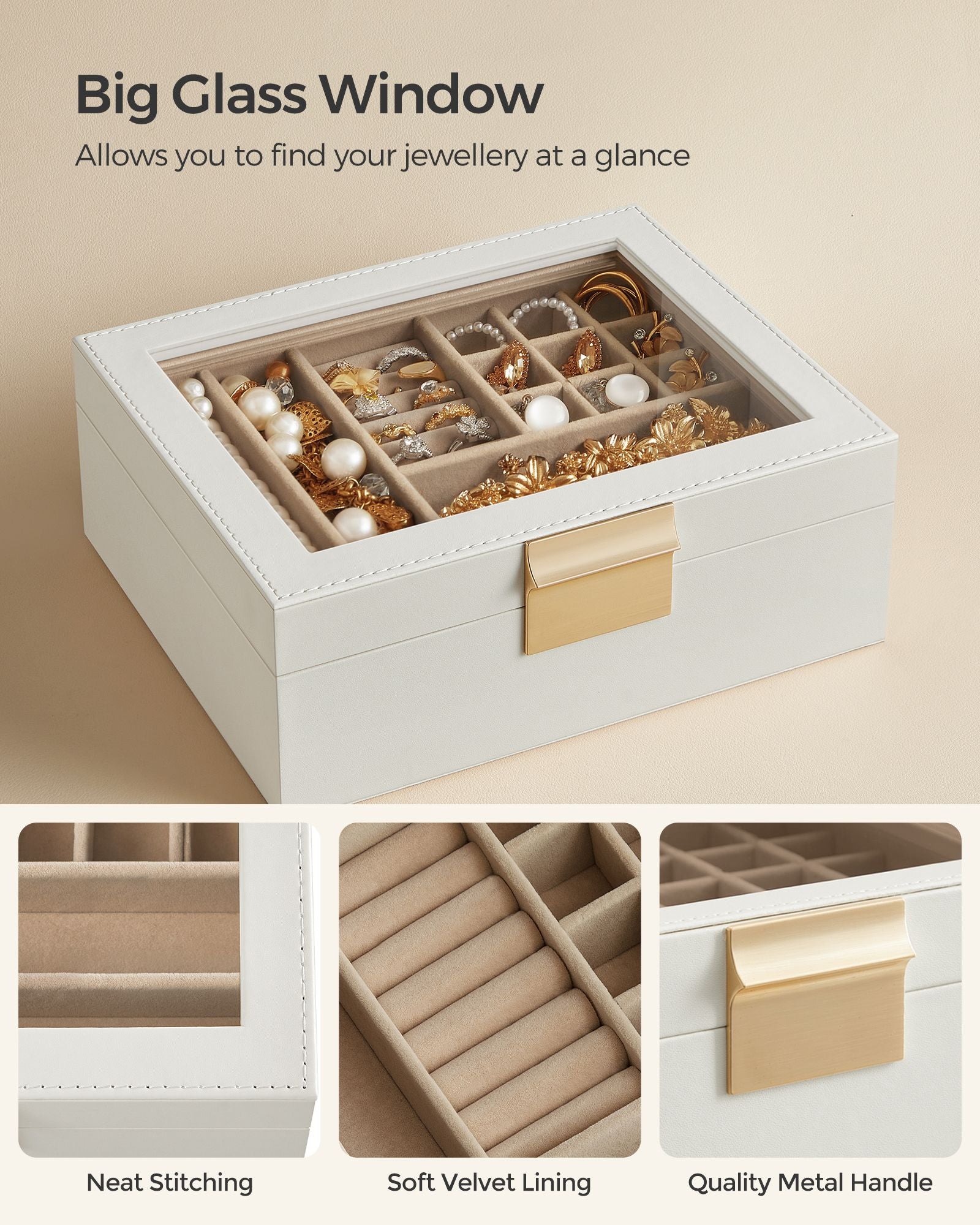 Jewellery Organiser – Wood and Glass – Cloud White – 2-Layer with Removable Tray