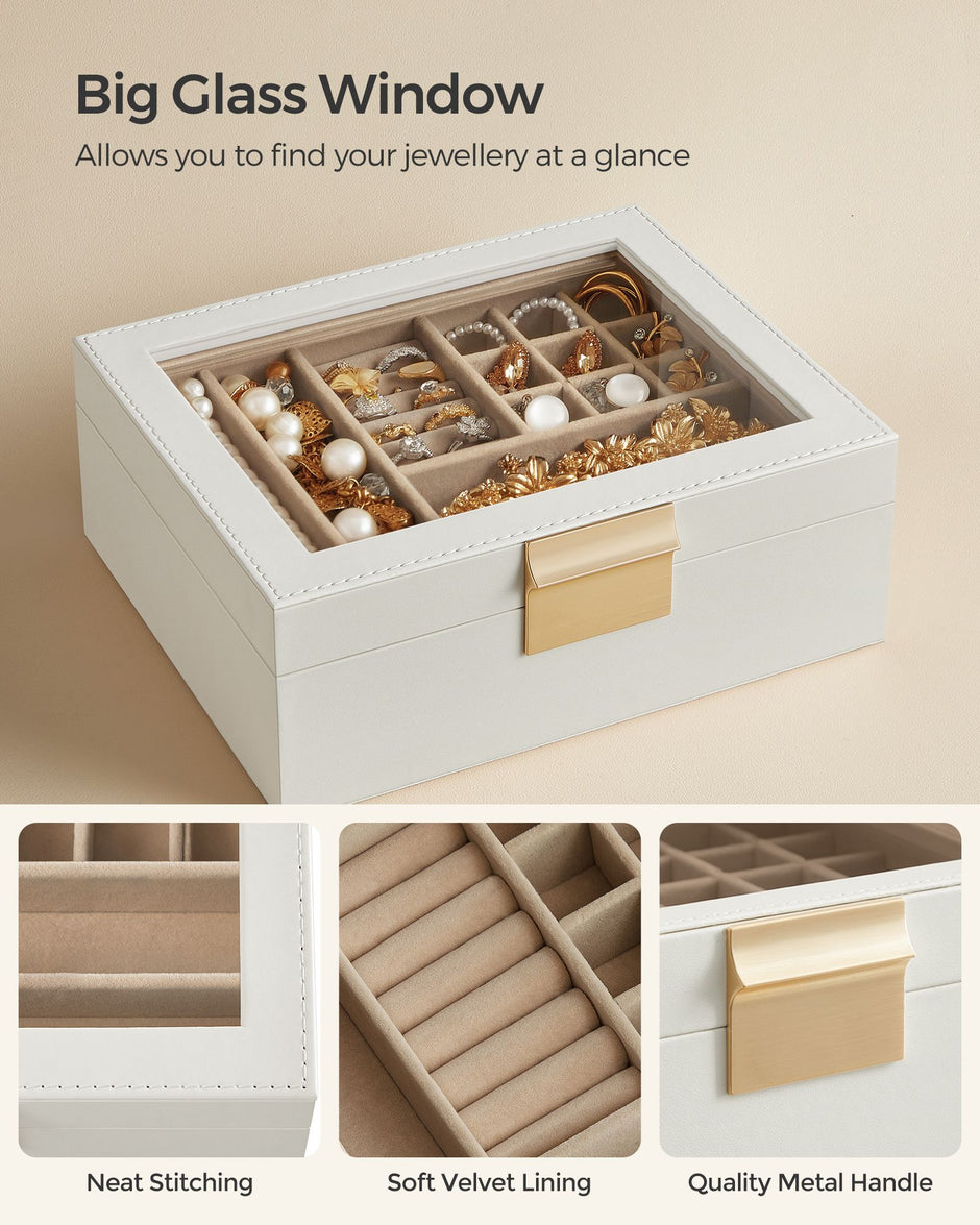 Jewellery Organiser – Wood and Glass – Cloud White – 2-Layer with Removable Tray
