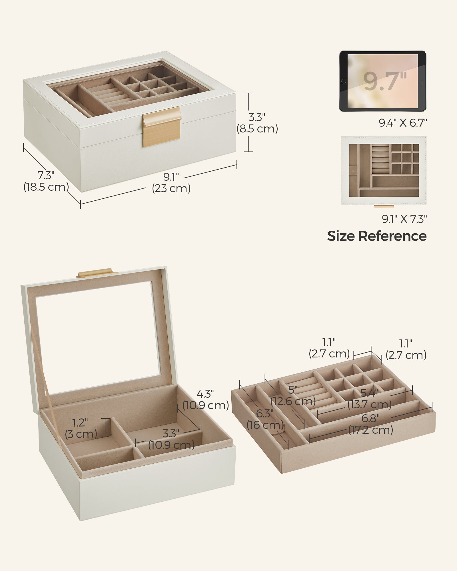 Jewellery Organiser – Wood and Glass – Cloud White – 2-Layer with Removable Tray