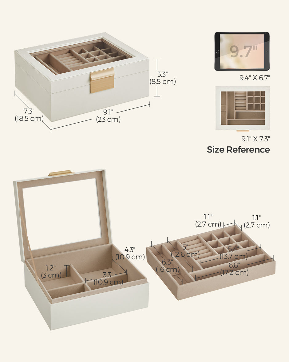 Jewellery Organiser – Wood and Glass – Cloud White – 2-Layer with Removable Tray