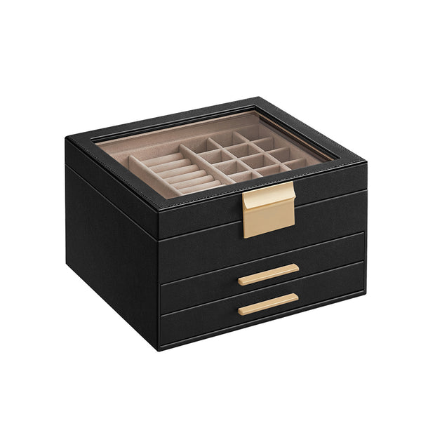 3-Layer Jewellery Box – Wood and Glass – White – Includes 2 Drawers and Glass Lid