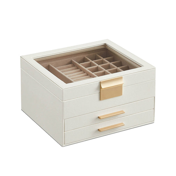 3-Layer Jewellery Box – Wood and Glass – White – Includes 2 Drawers and Glass Lid