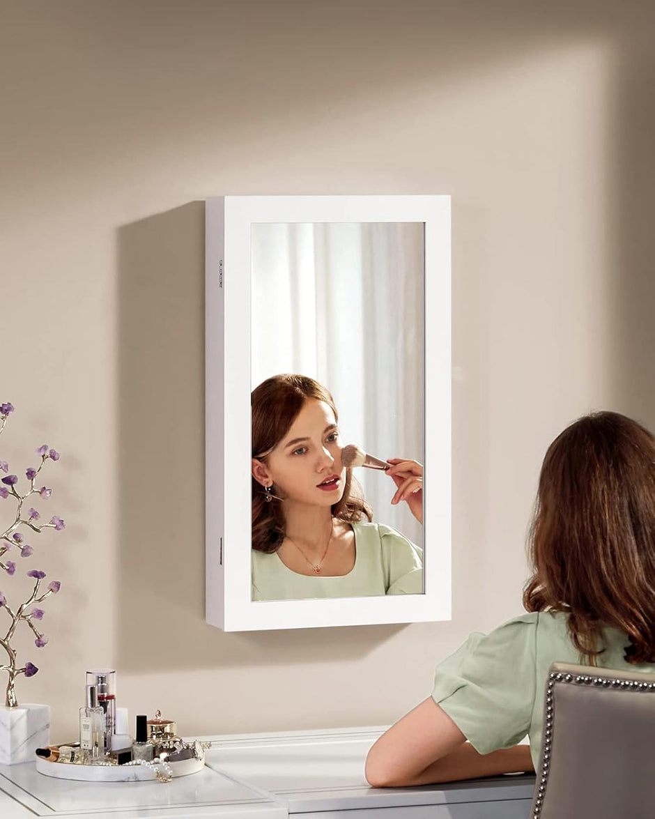Lockable Jewellery Cabinet – Mirror – White – Wall Mount Organiser