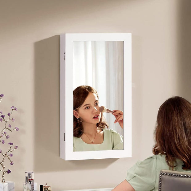 Lockable Jewellery Cabinet – Mirror – White – Wall Mount Organiser
