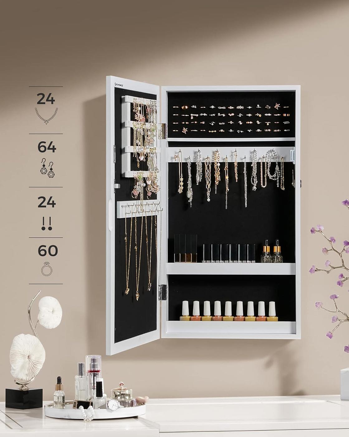Lockable Jewellery Cabinet – Mirror – White – Wall Mount Organiser
