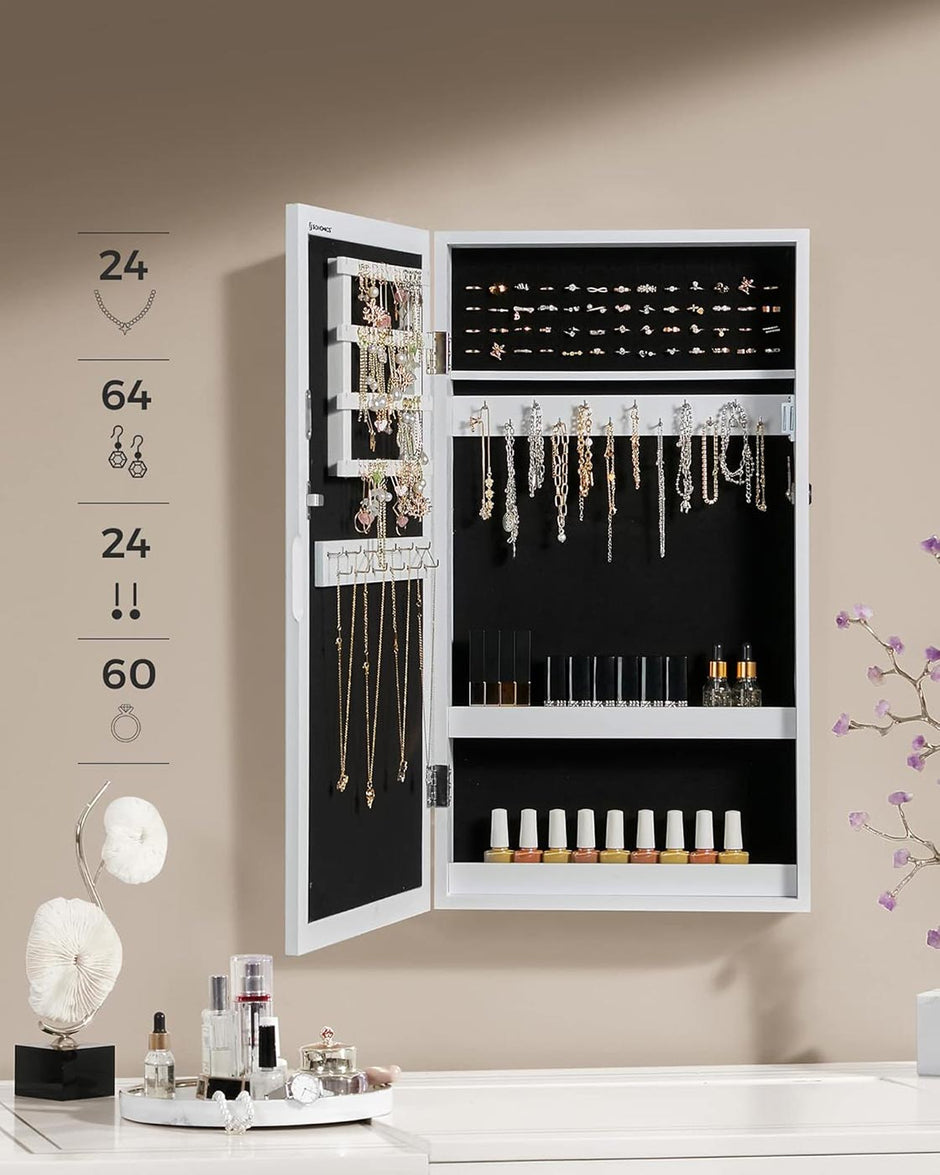 Lockable Jewellery Cabinet – Mirror – White – Wall Mount Organiser