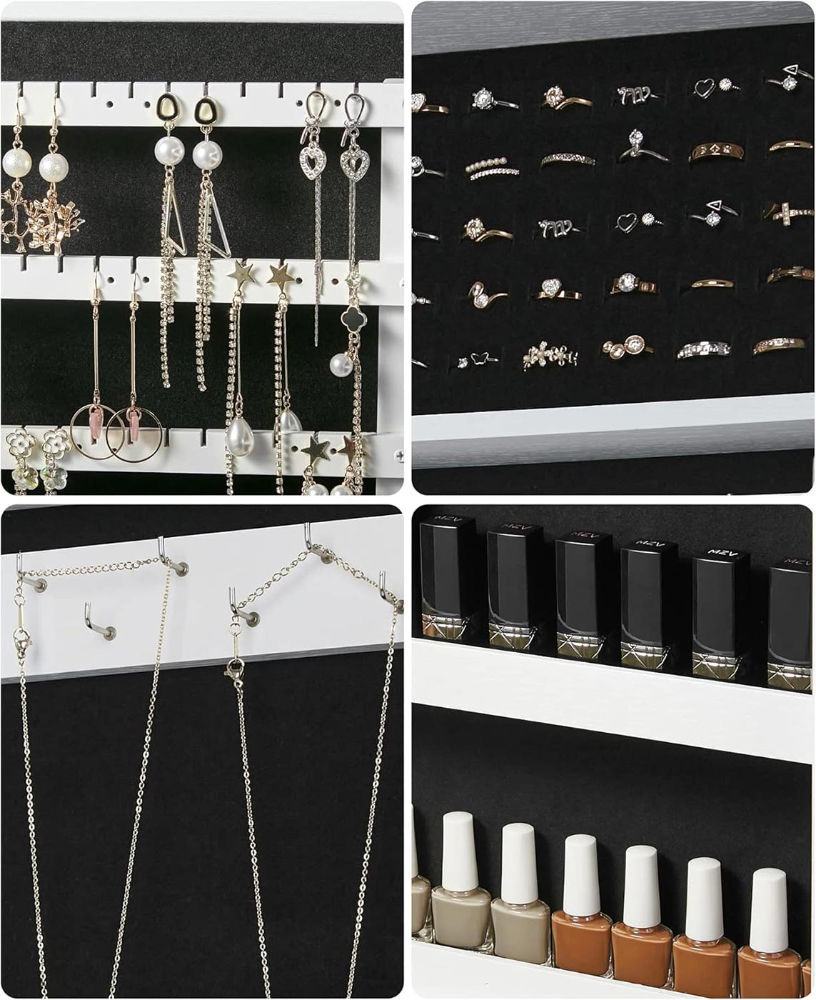 Lockable Jewellery Cabinet – Mirror – White – Wall Mount Organiser