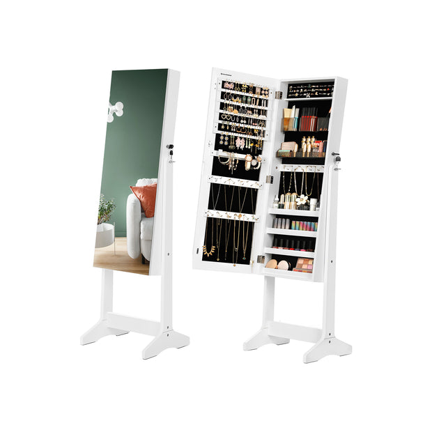 Jewelry Cabinet Armoire – Wood – White – Freestanding with Full-Length Mirror and Lockable Storage
