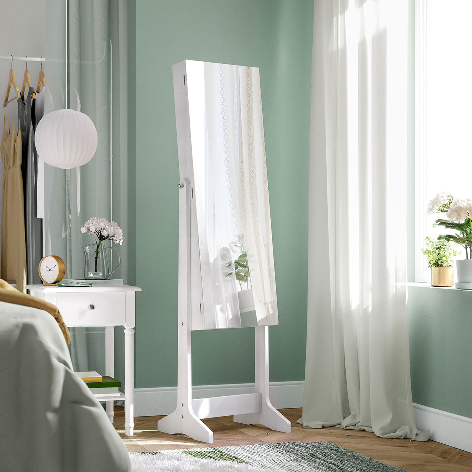 Jewelry Cabinet Armoire – Wood – White – Freestanding with Full-Length Mirror and Lockable Storage