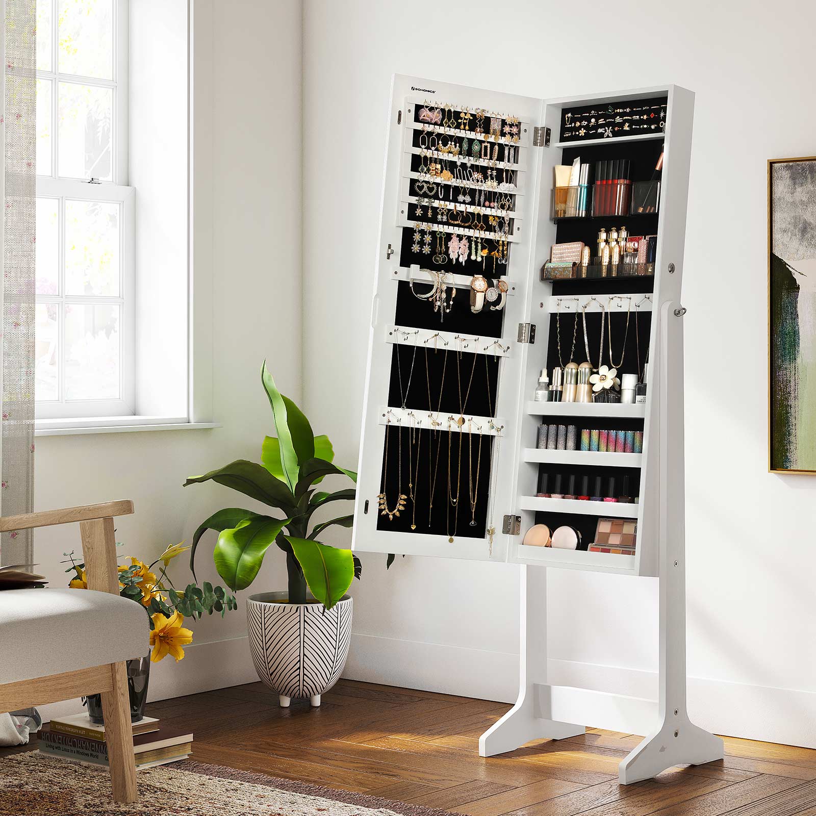 Jewelry Cabinet Armoire – Wood – White – Freestanding with Full-Length Mirror and Lockable Storage