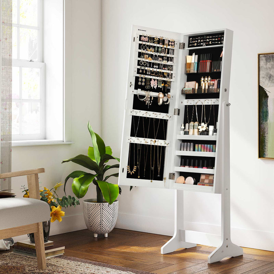 Jewelry Cabinet Armoire – Wood – White – Freestanding with Full-Length Mirror and Lockable Storage