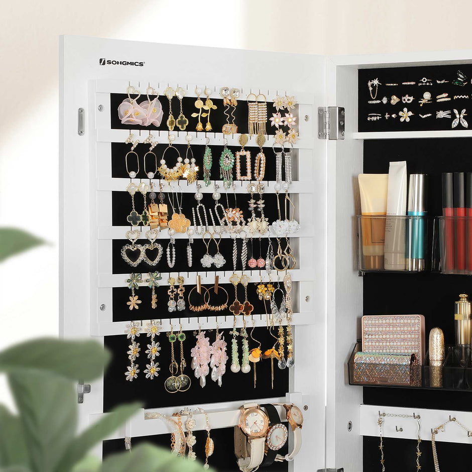 Jewelry Cabinet Armoire – Wood – White – Freestanding with Full-Length Mirror and Lockable Storage