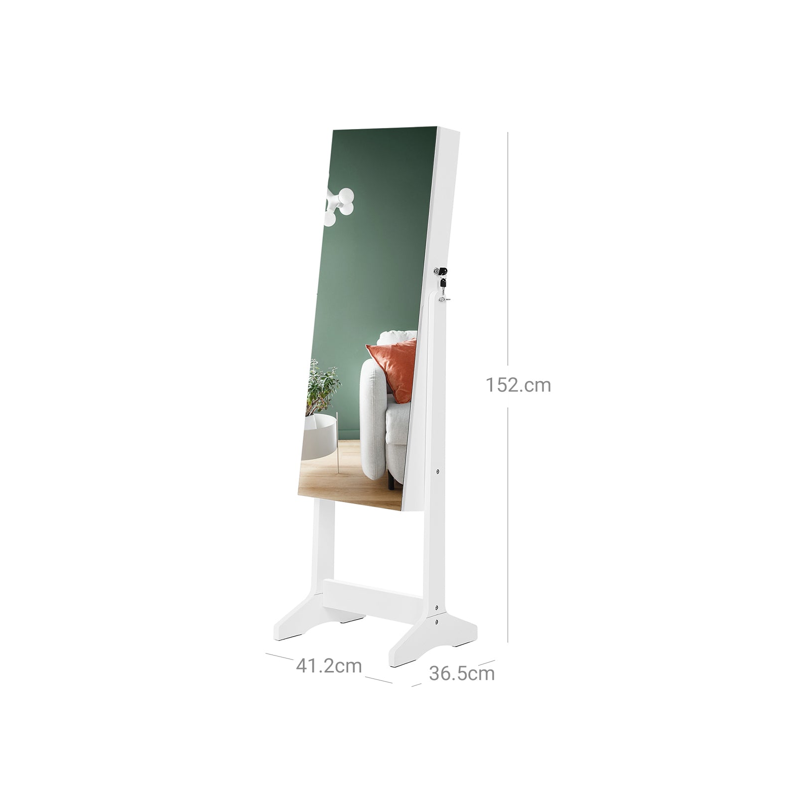 Jewelry Cabinet Armoire – Wood – White – Freestanding with Full-Length Mirror and Lockable Storage