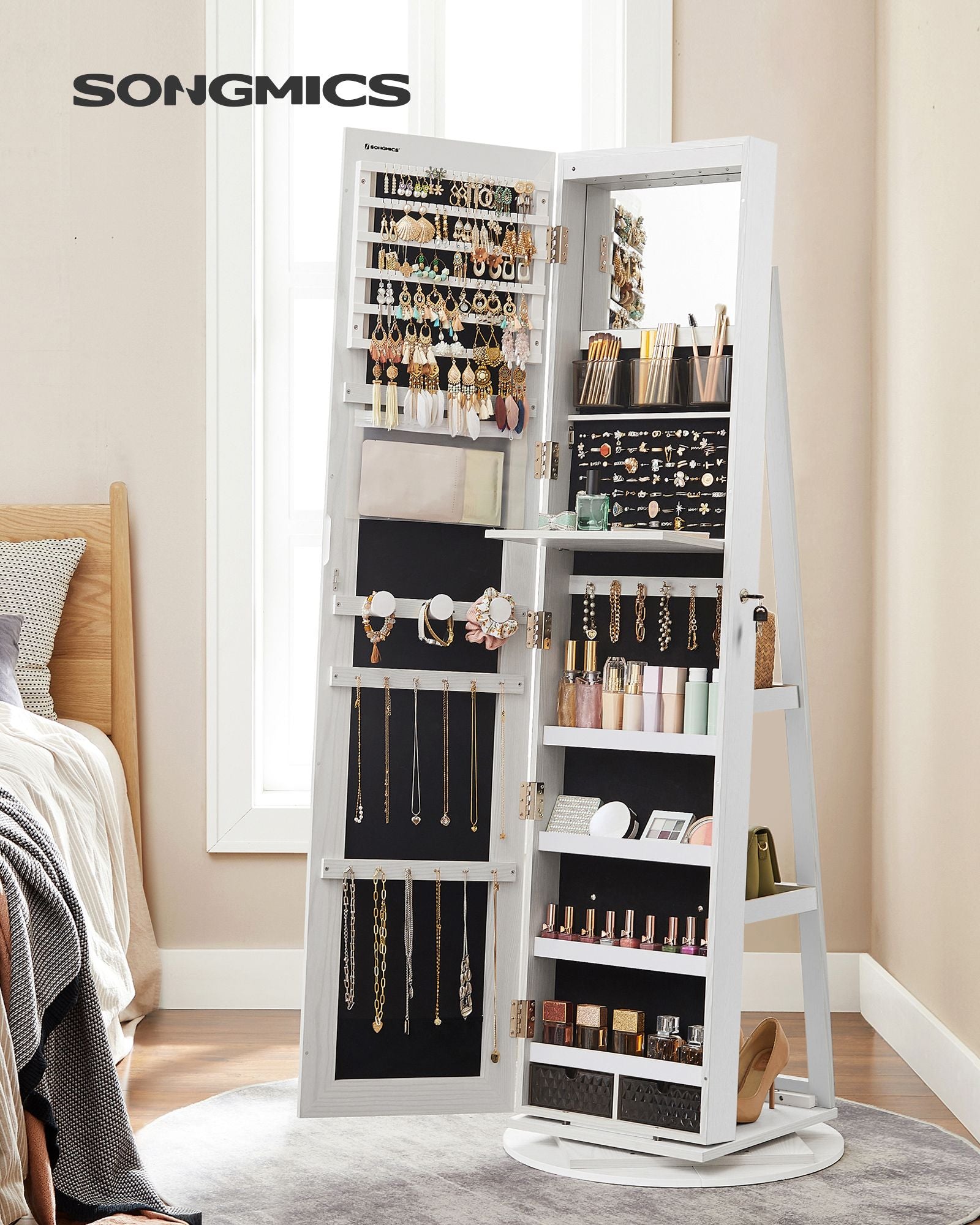Jewellery Storage Organiser – Wood – Rustic Brown – 360° Swivel with Lockable Mirror and LED Lights
