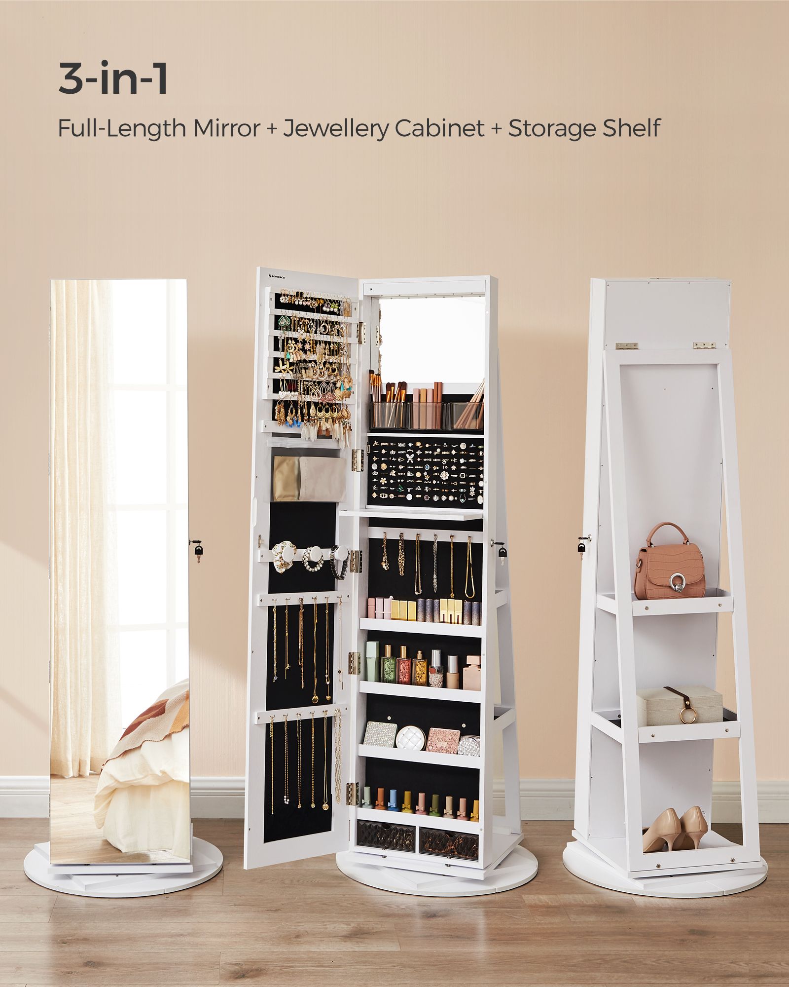 Jewellery Storage Organiser – Wood – Rustic Brown – 360° Swivel with Lockable Mirror and LED Lights
