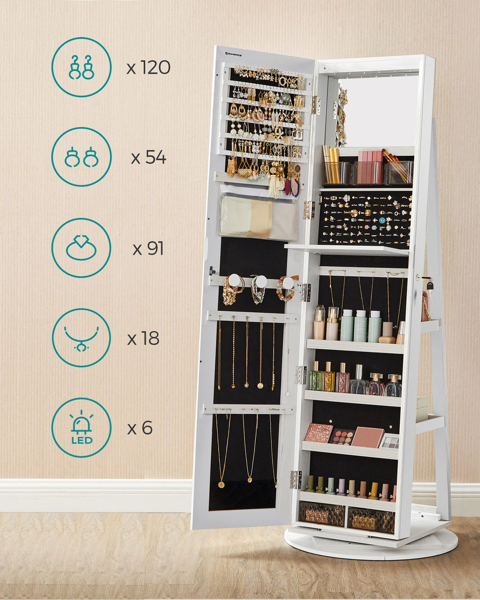 Jewellery Storage Organiser – Wood – Rustic Brown – 360° Swivel with Lockable Mirror and LED Lights