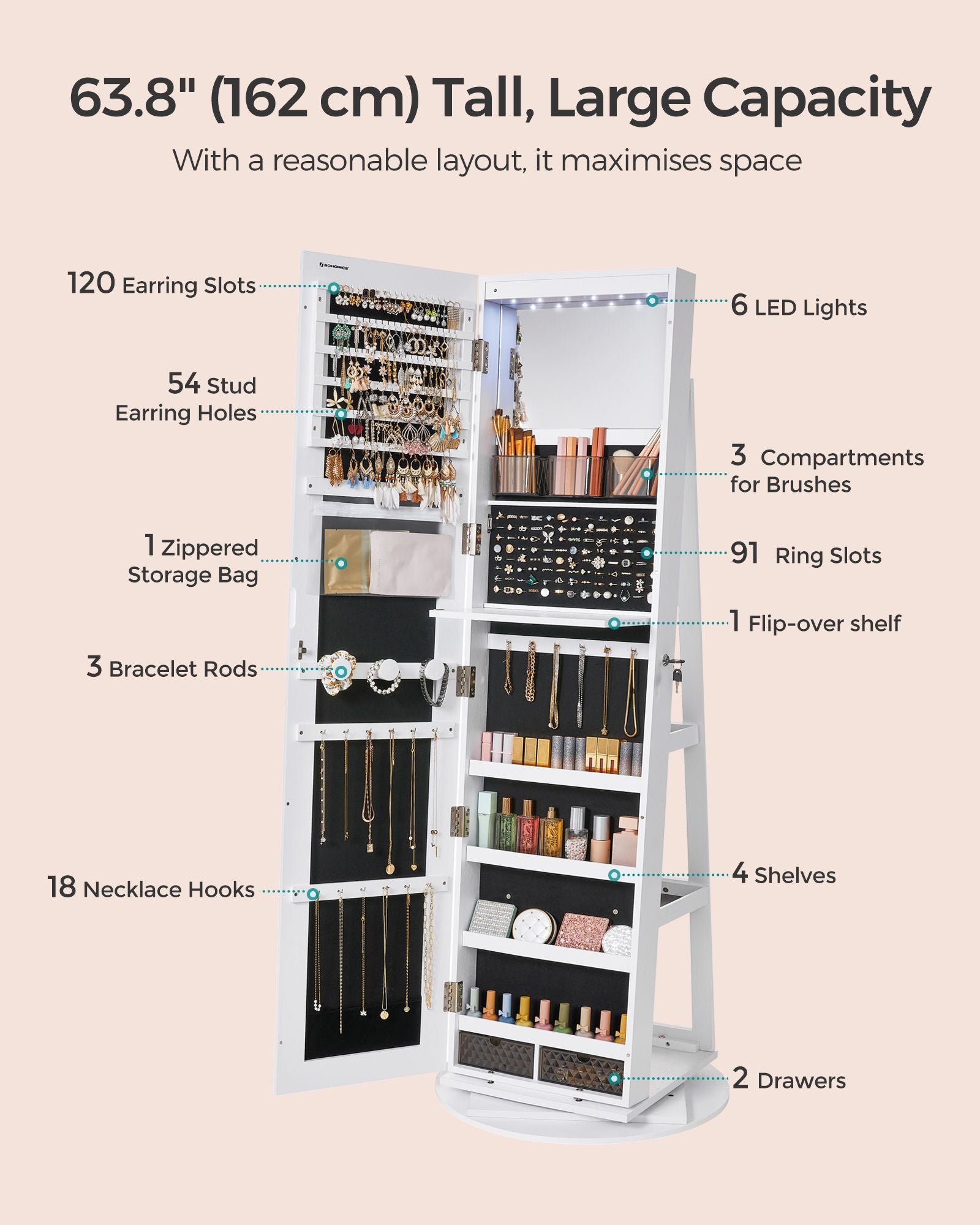 Jewellery Storage Organiser – Wood – Rustic Brown – 360° Swivel with Lockable Mirror and LED Lights