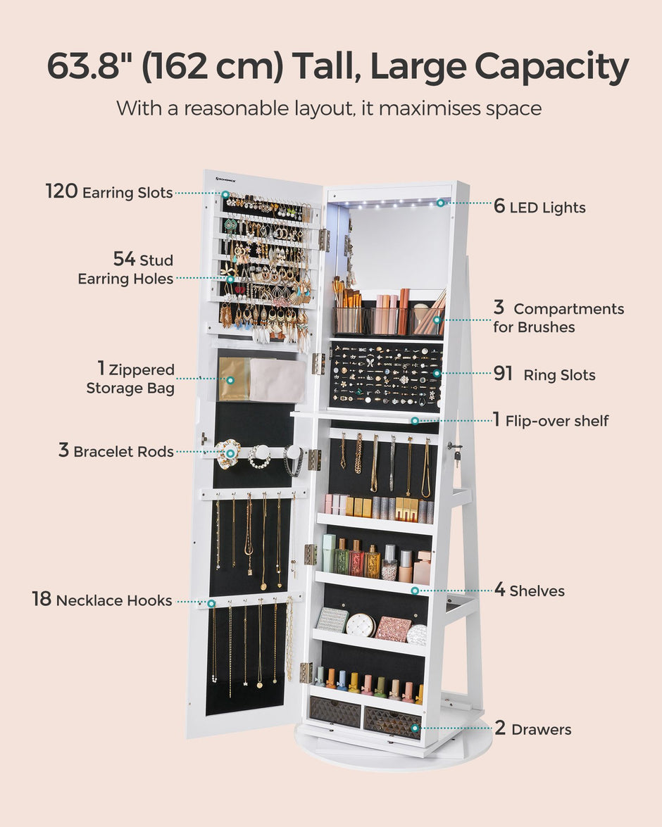 Jewellery Storage Organiser – Wood – Rustic Brown – 360° Swivel with Lockable Mirror and LED Lights