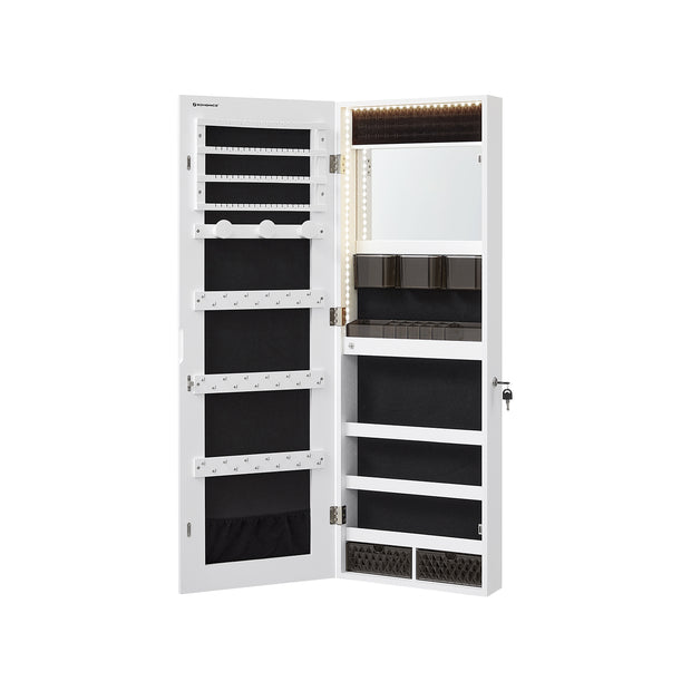 Jewellery Cabinet Organizer – Wood – White – Wall Mounted with LED Lights and Lockable Storage