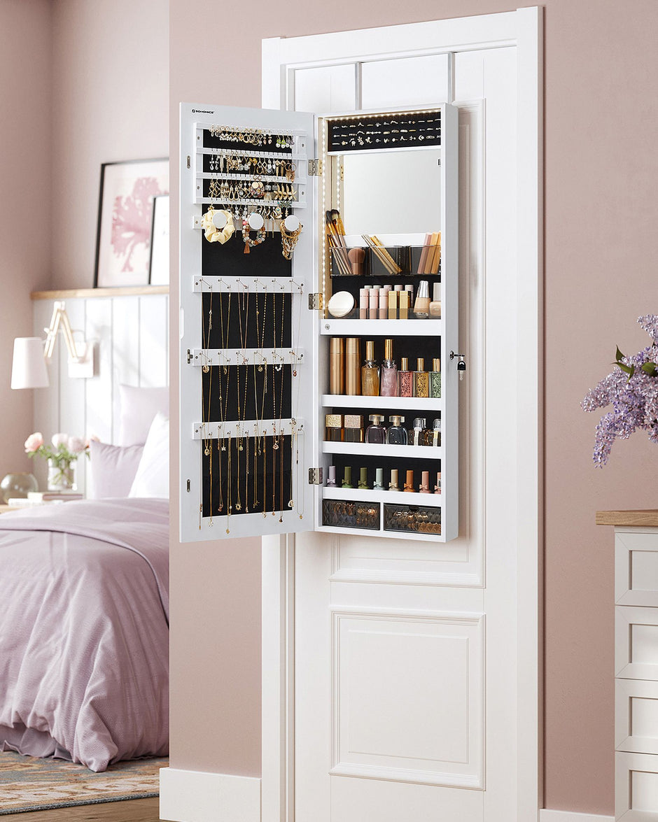 Jewellery Cabinet Organizer – Wood – White – Wall Mounted with LED Lights and Lockable Storage