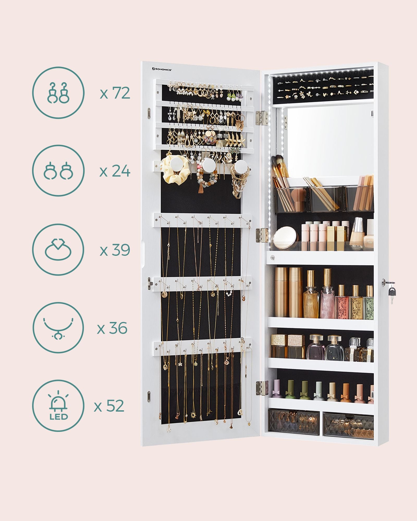 Jewellery Cabinet Organizer – Wood – White – Wall Mounted with LED Lights and Lockable Storage