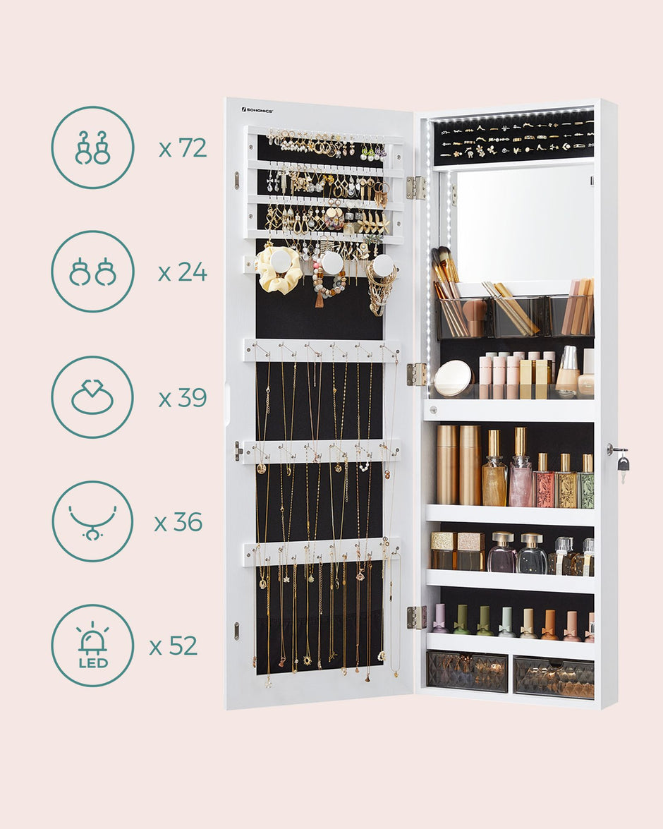 Jewellery Cabinet Organizer – Wood – White – Wall Mounted with LED Lights and Lockable Storage