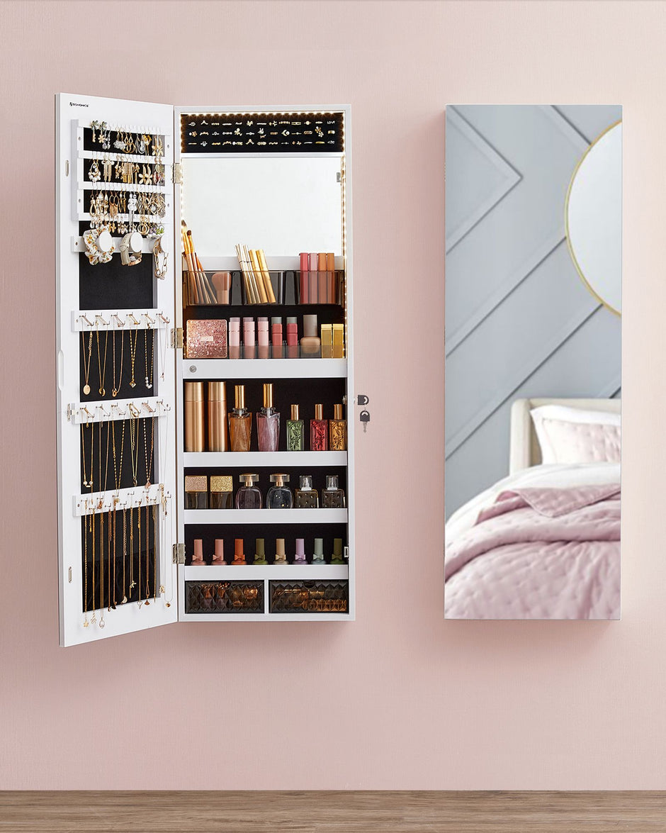 Jewellery Cabinet Organizer – Wood – White – Wall Mounted with LED Lights and Lockable Storage