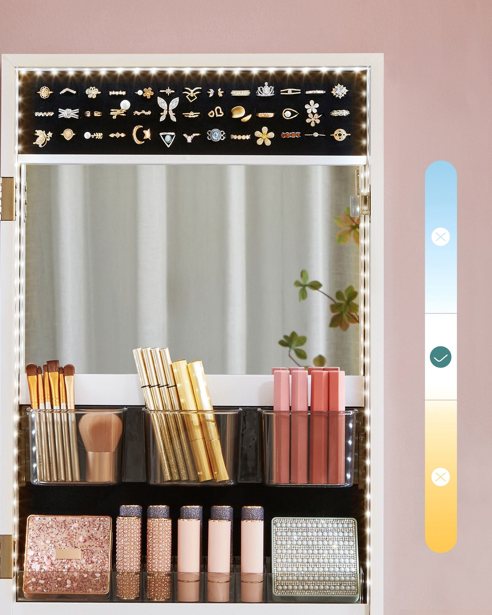 Jewellery Cabinet Organizer – Wood – White – Wall Mounted with LED Lights and Lockable Storage