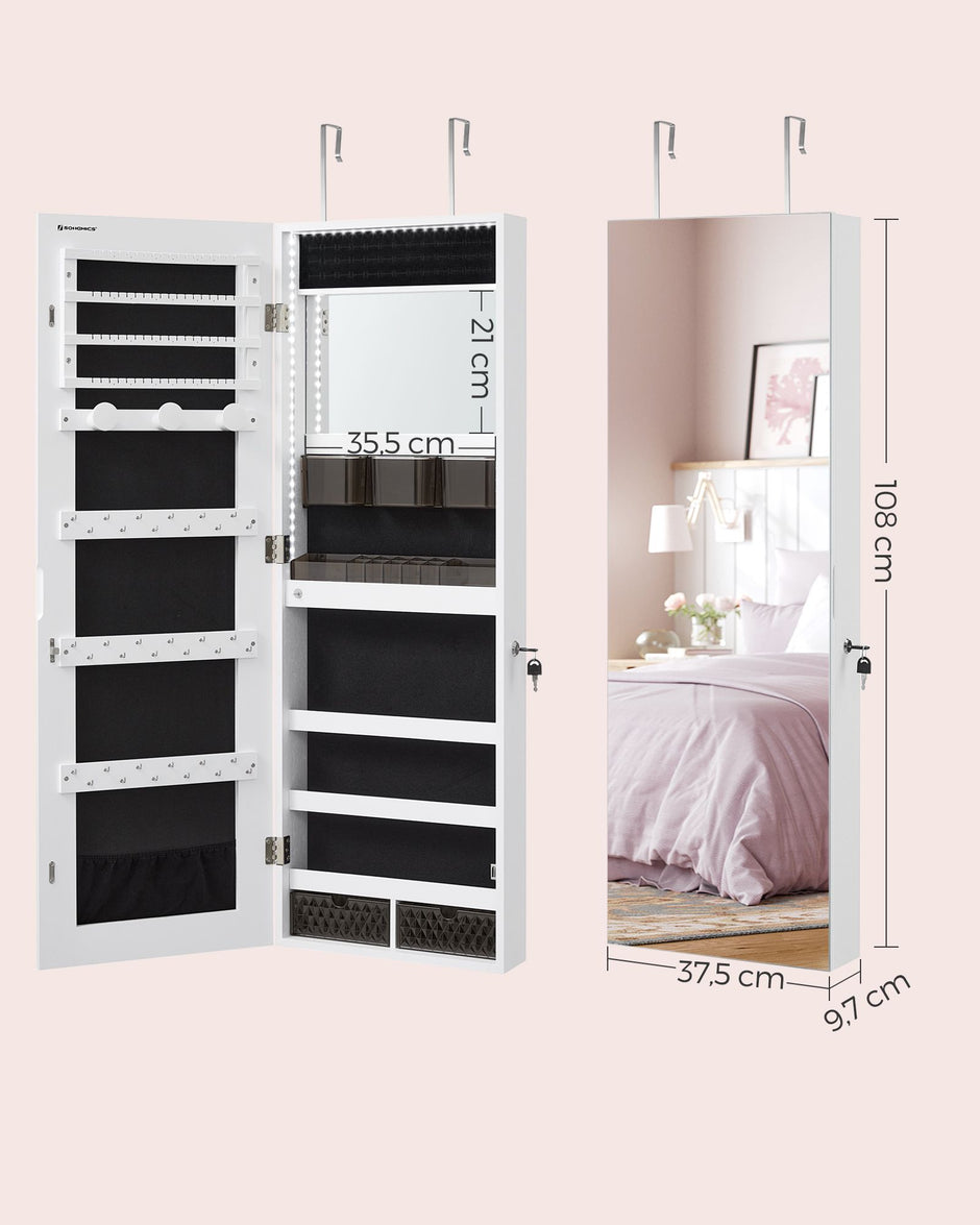 Jewellery Cabinet Organizer – Wood – White – Wall Mounted with LED Lights and Lockable Storage